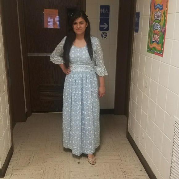 Vintage late 60s, Early 70s Baby Blue Embroidered Eyelet Circle Maxi Dress - Picture 4 of 16